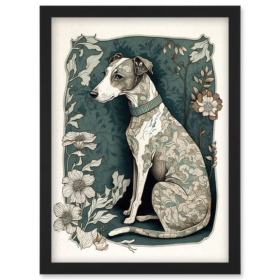 Whippet Dog with Floral Pattern Fur Coat Art Nouveau Inspired Watercolour Illustration Artwork Framed Wall Art Print A4