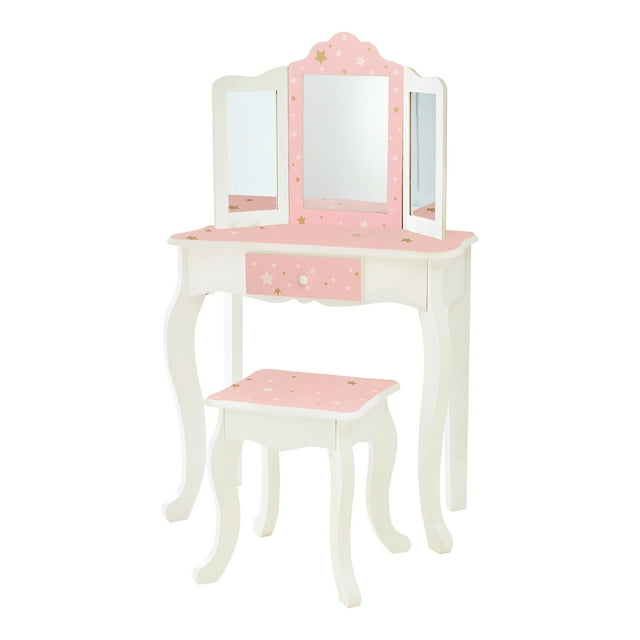 Teamson Kids Coiffeuse de Jeu Table de Maquillage en Bois avec Miroir et Tabouret Rose/twinkle Stars