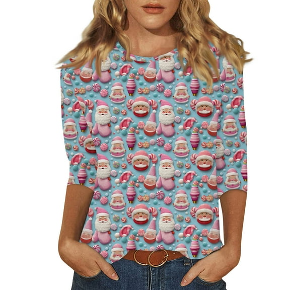 Christmas Shirts for Women Crewneck Shirts for Women 3/4 Sleeve Xmas Tree Snowflake Print Graphic Shirts Dressy Casual Blouse Y2k Tops Elbow Sleeve Tops Tees & Blouses