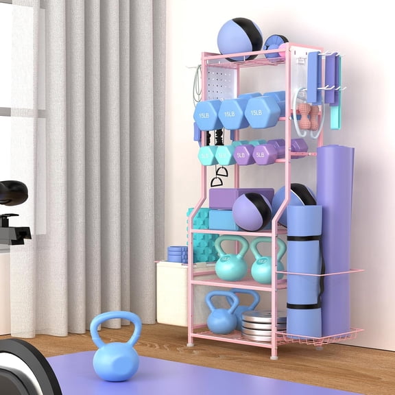 Dumbbell Rack, Home Gym Storage for Kettlebells, Yoga Mat & Strength Training Equipment