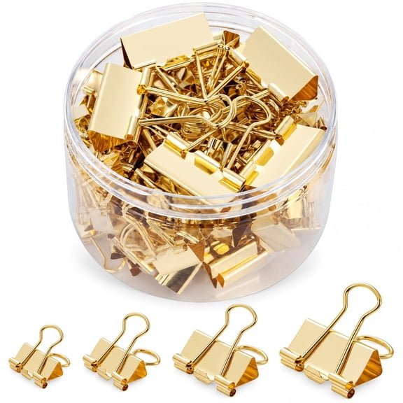 100 Pcs Binder Clips Assorted Sizes, Paper Binder Clips (0.6inch 0.75inch 1inch 1.26 inch), Metal Paper Clamps for Office and Home (Gold)