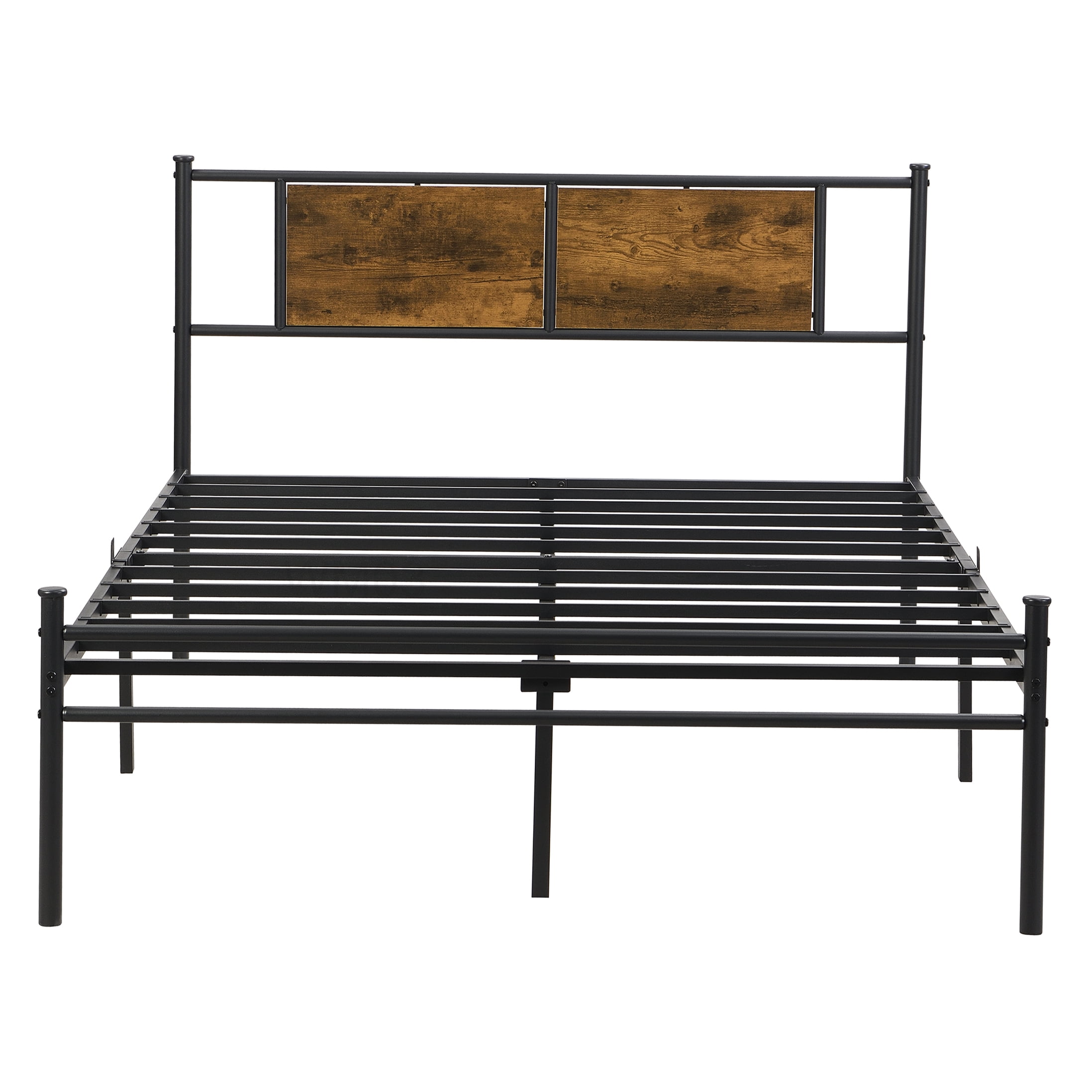 Metal Platform Bed Frame King Size with Wood Headboard and Underbed Storage, No Box Spring, Black Brown