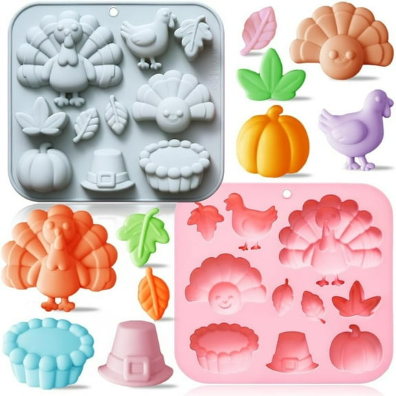 2Pcs Thanksgiving Fall Silicone Molds Halloween Pumpkin Turkey Maple Leaf Fondant Molds Autumn Leaves Chocolate Cake Pan Baking Tray Mold for Thanksgiving Halloween Cake Cupcake Decorations