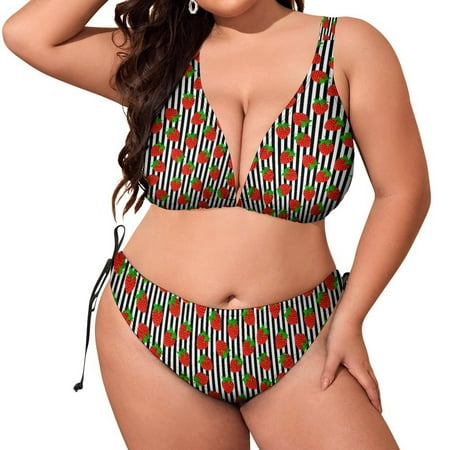 Striped Strawberry Bathing Suit for Women Swimsuits Sexy Bikini Set Two Piece Swimsuit Halter Triangle Swimwear 2XL