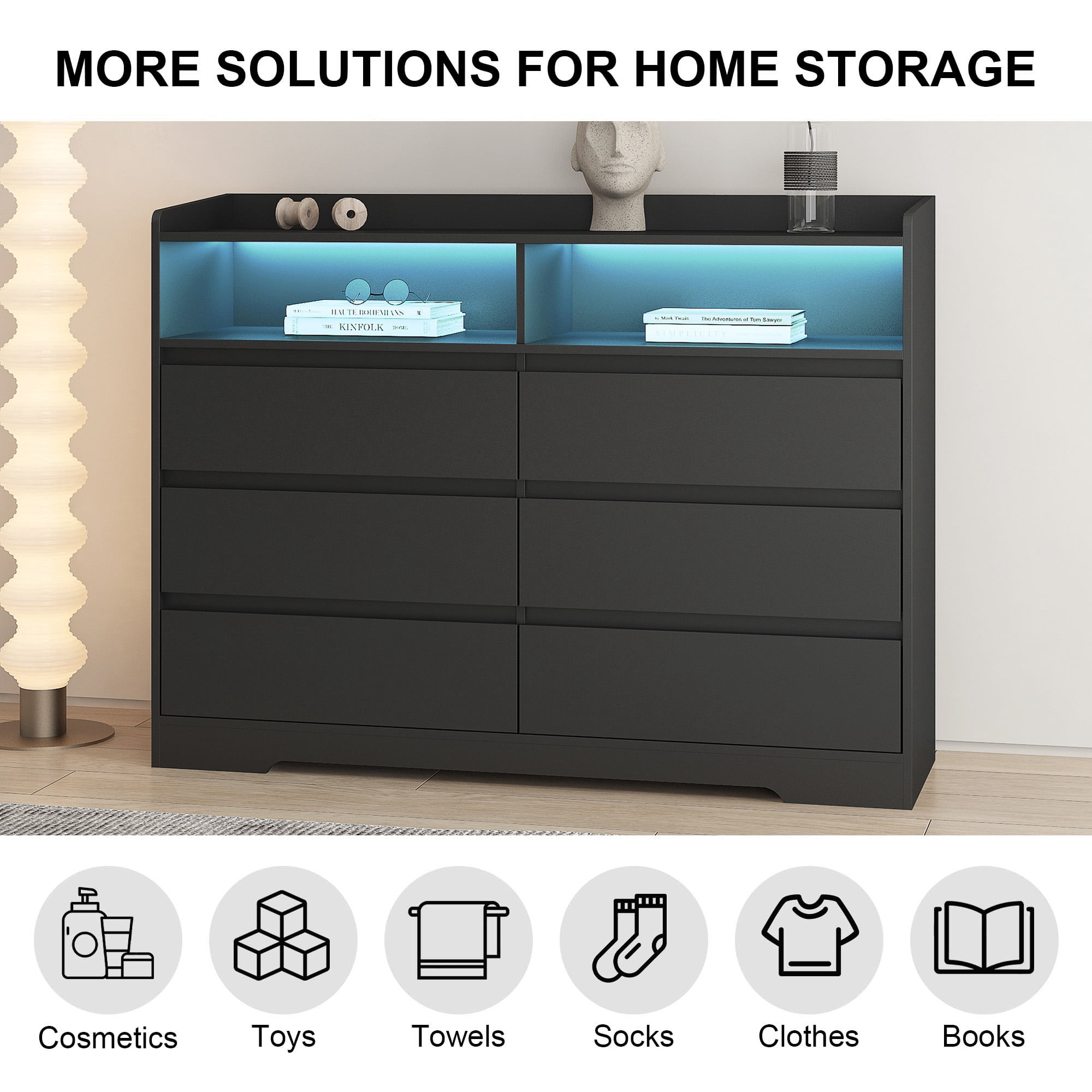 Aukfa Modern 6-Drawer Dresser Storage Buffet Cabinet with LED for Bedroom Living Room, Black