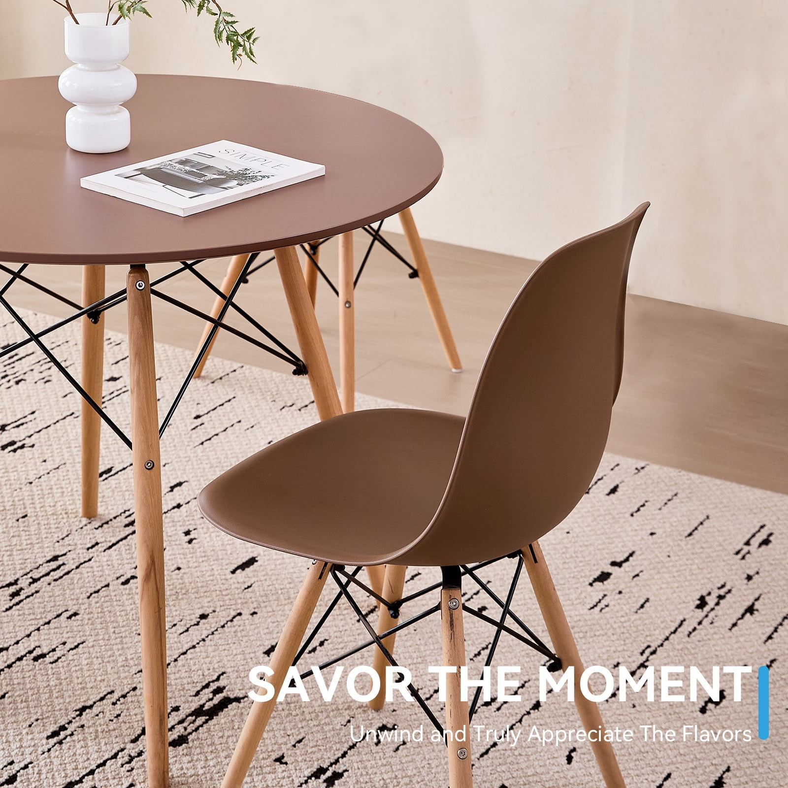 5 Piece 35.5'' Round Dining Table Set for 4, Kitchen Table & Chairs Set of 4, Mid-Century Modern Table W/ 4 Chairs for Home, Living Room, Apartment, Wood Legs, Metal Frame, Brown