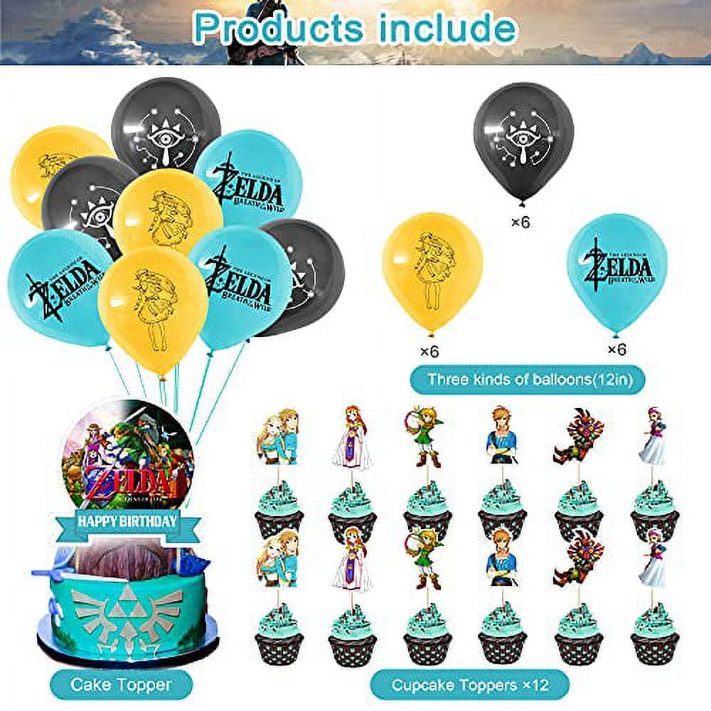 95PCS Zelda Party Supplies, Zelda Birthday Party Decorations Includes  sticker. bracelet，Happy Birthday Banner, Balloons, Cake & Cupcake Topper  for