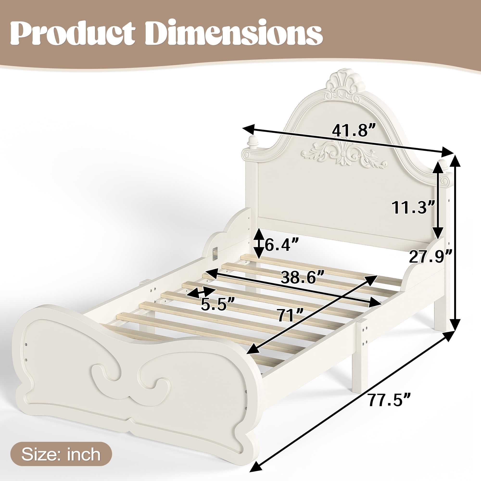 GARITIN Twin Vintage Carved Platform Bed with Headboard, Solid Wood Bed Frame with Slatted Support, Low Profile Platform Bed, No Box Spring Needed, Beige