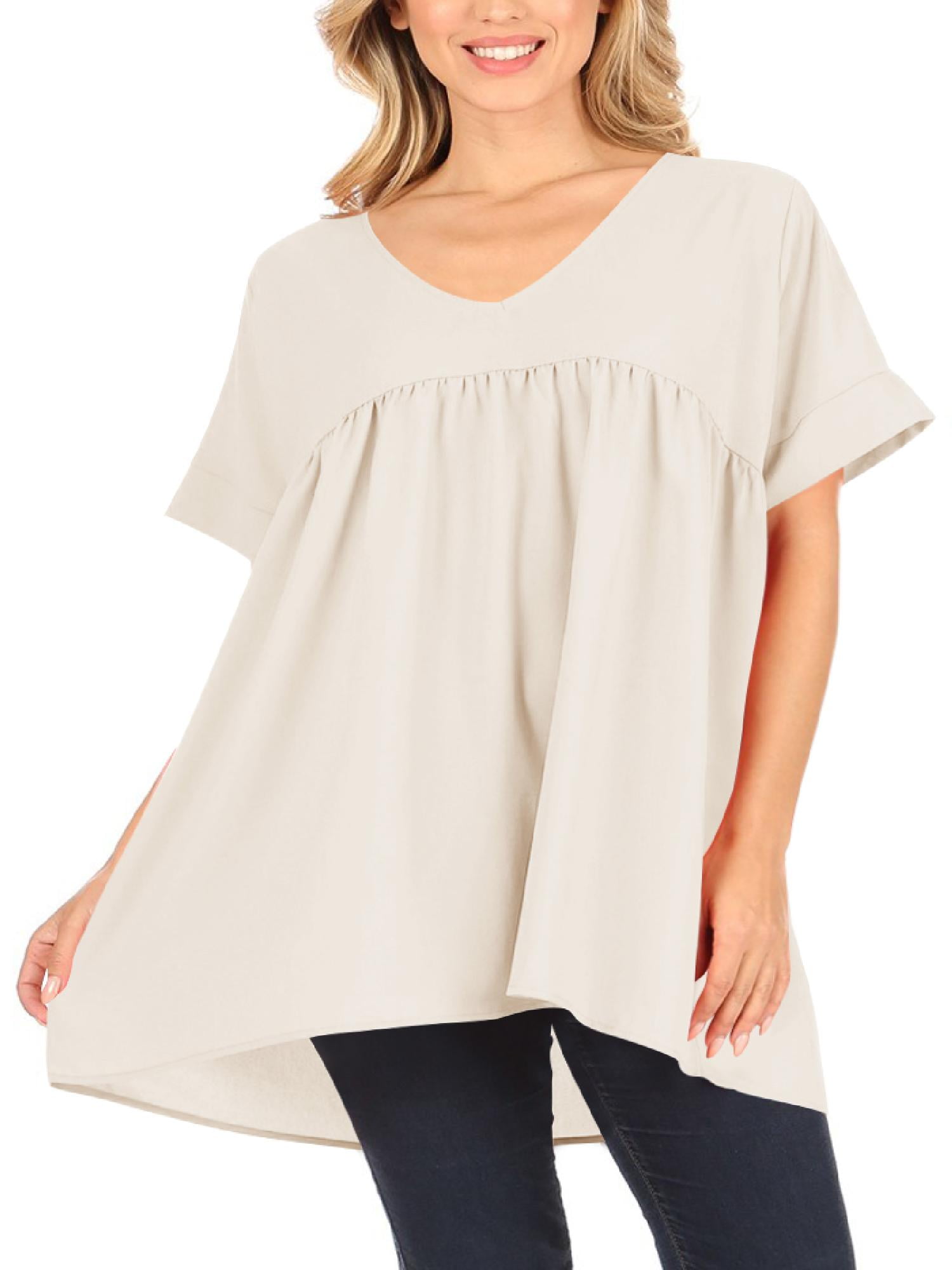 Women's Casual Short Sleeve Woven Babydoll Style Loose Fit Solid Blouse