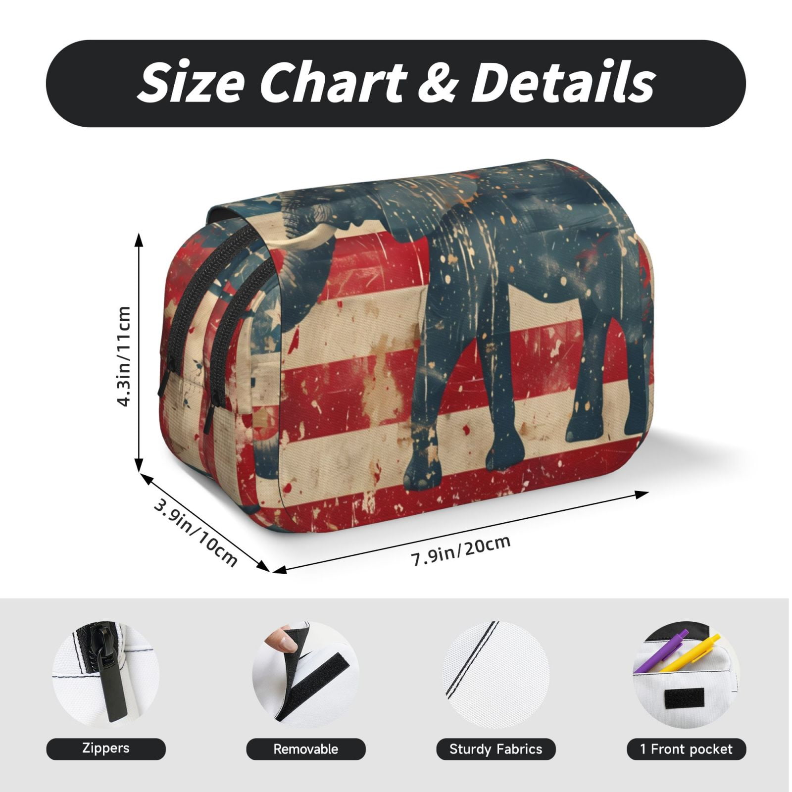 Rateoe Vintage American Flag Elephant Pattern Double Clamshell Pen Case, Storage Organizer with Two Zipper Compartments– Holds Up to 50 Pencils & Pens