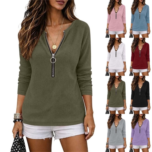 Oiangi Women's Half Zip Long Sleeve Shirts Crewneck Fashion Streetwear Pullover Tops for Fall Winter Gray M