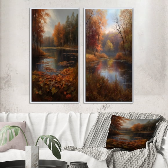 Designart "Misty Autumn Lake Watercolor Ambiance I" Lakehouse Framed Wall Art Set Of 2 - Lake House Green Framed Canvas Set For Living Room Decor