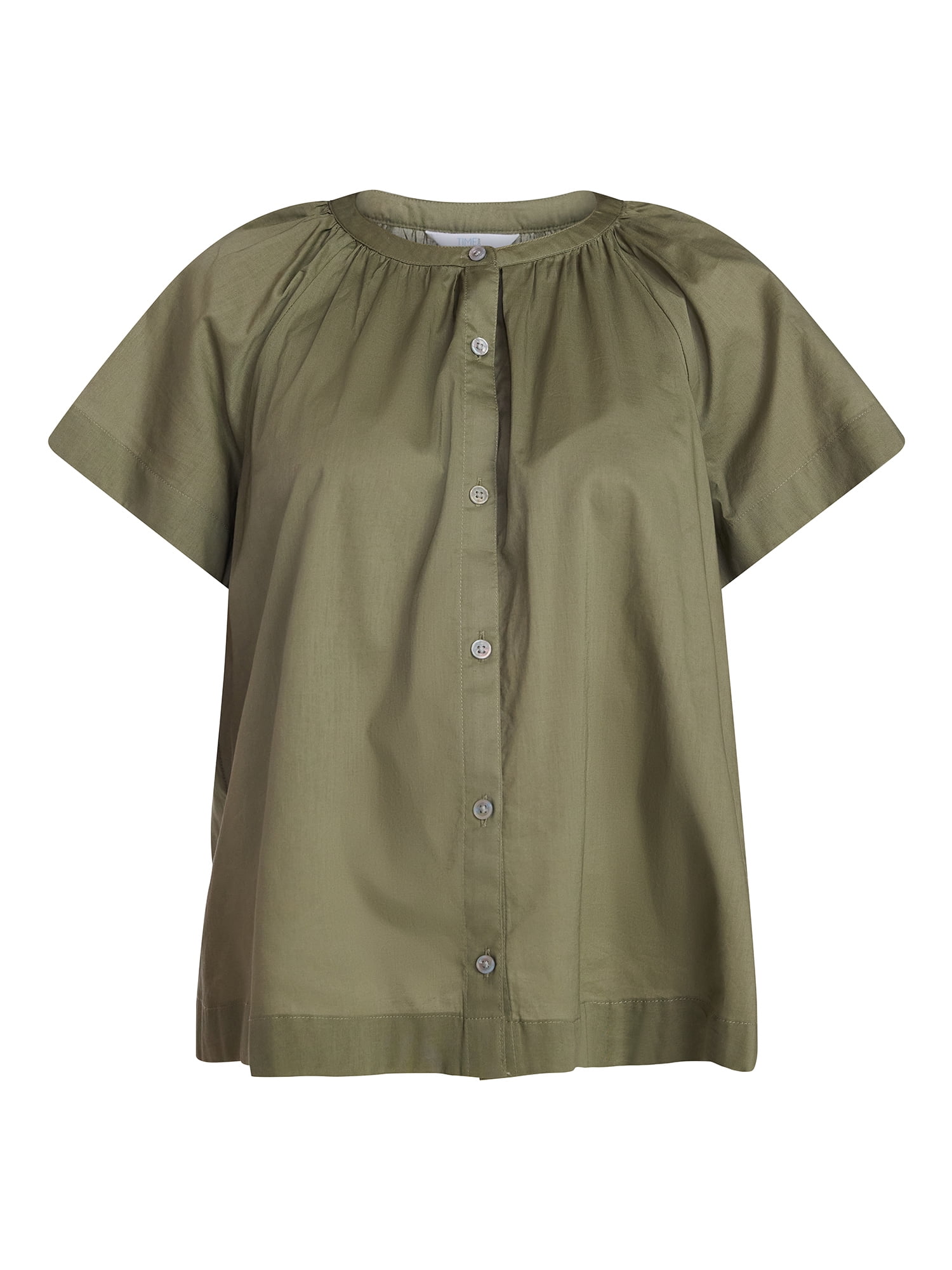 Time and Tru Women's Cotton Button Up Blouse with Short Sleeves, Sizes XS-XXXL