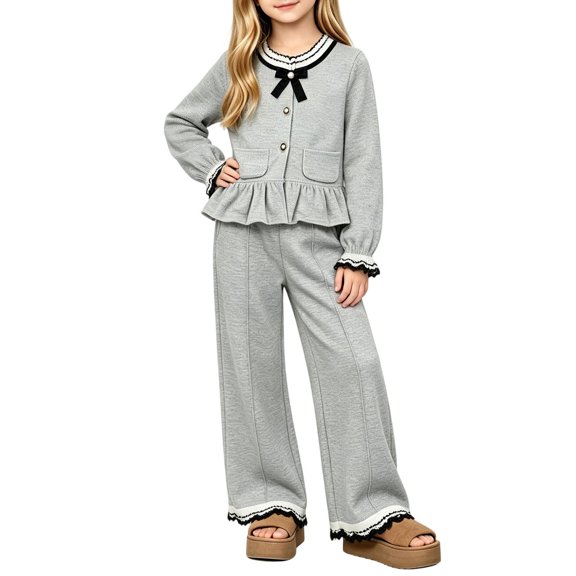 Wilark Girls Outfit Sets Size 10-12, Cute Elegant Casual Ruffle Hem 2 Piece Long Sleeve Girls Clothing Sets Gray 10