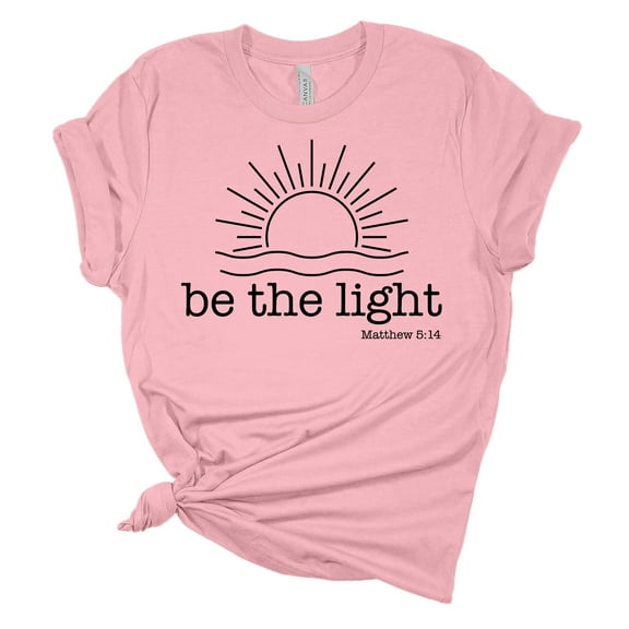 Womens Christian T-shirt Be The Light Matthew 5:14 Short Sleeve T-shirt-Pink-small