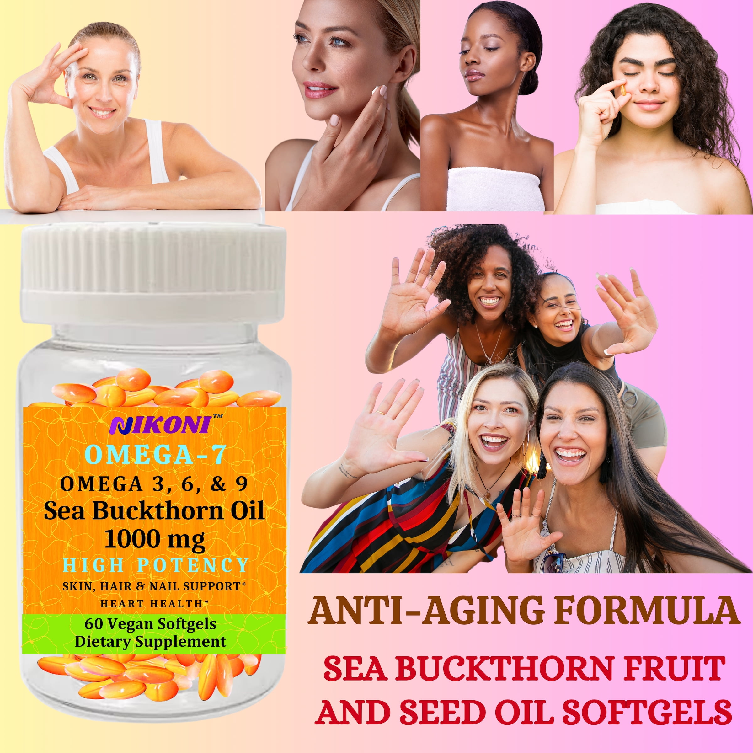 Nikoni Organic Sea Buckthorn Oil Vegan Softgels, Omega-7 and Antioxidant Nutrients for Skin, Hair and Nail Support, 120 Count