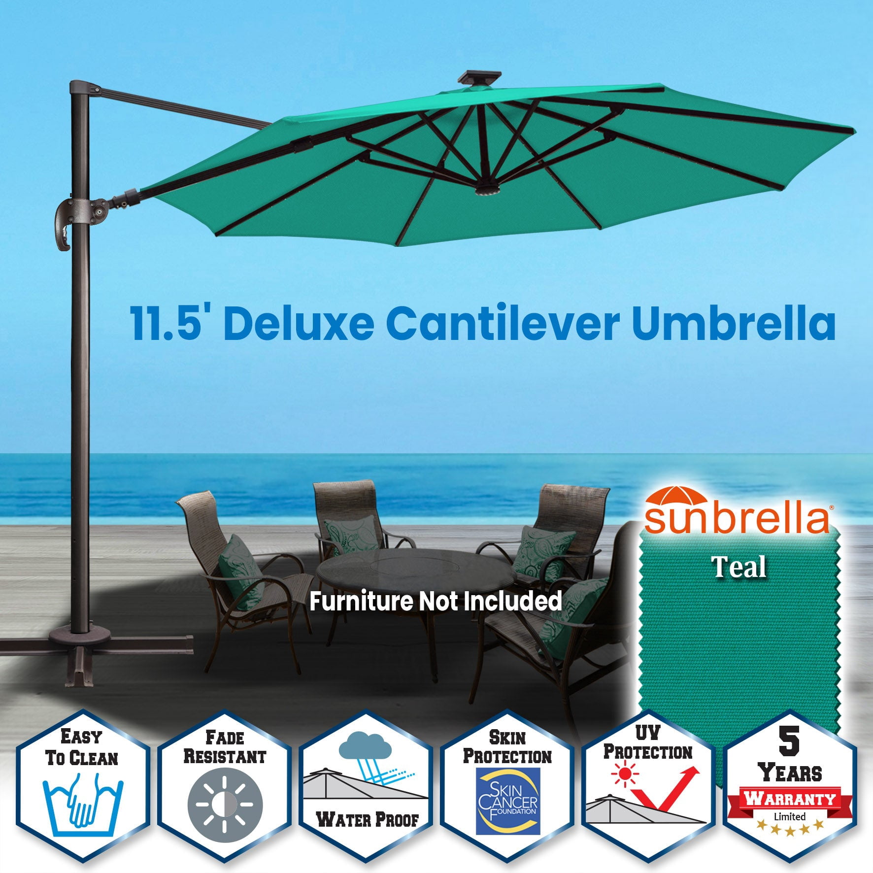 SUNNYOUTDOOR 11.5' Sunbrella Cover Umbrella Deluxe Cantilever Umbrella Patio Umbrella Garden Outdoor (Teal)