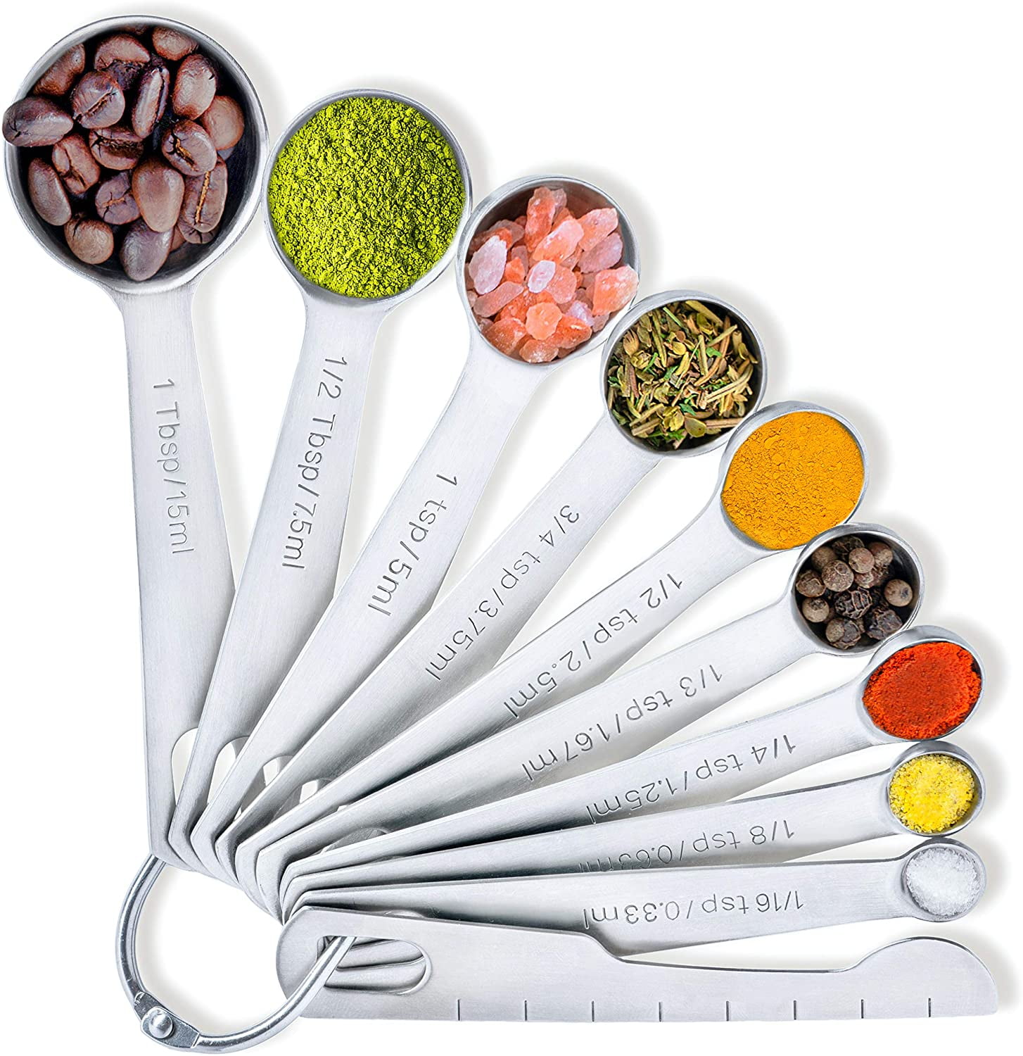 Measuring Spoons: NOGIS 18/8 Stainless Steel Measuring Spoons Set of 9  Piece: 1/16 tsp, 1/8 tsp, 1/4 tsp, 1/3 tsp, 1/2 tsp, 3/4 tsp, 1 tsp, 1/2  tbsp & 1 tbsp Dry and Liquid Ingredients 