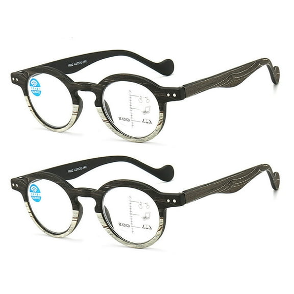 2 Pairs of Retro Black Wood Grain Progressive Multi-focus Reading Glasses 1.00 Round Anti-blue Light Spring Hinges Readers  1.00 Strength