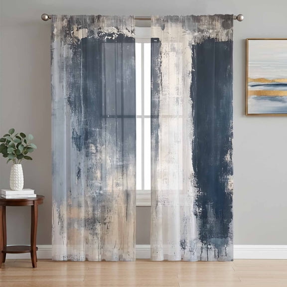 Navy Blue Grey Semi Sheer Curtains 84 Inch Length 2 Panels Set, Modern Abstract Art Rustic Sheer Kitchen Curtain Privacy Voile Window Curtain for Living Room Bedroom Rod Pocket Drapes