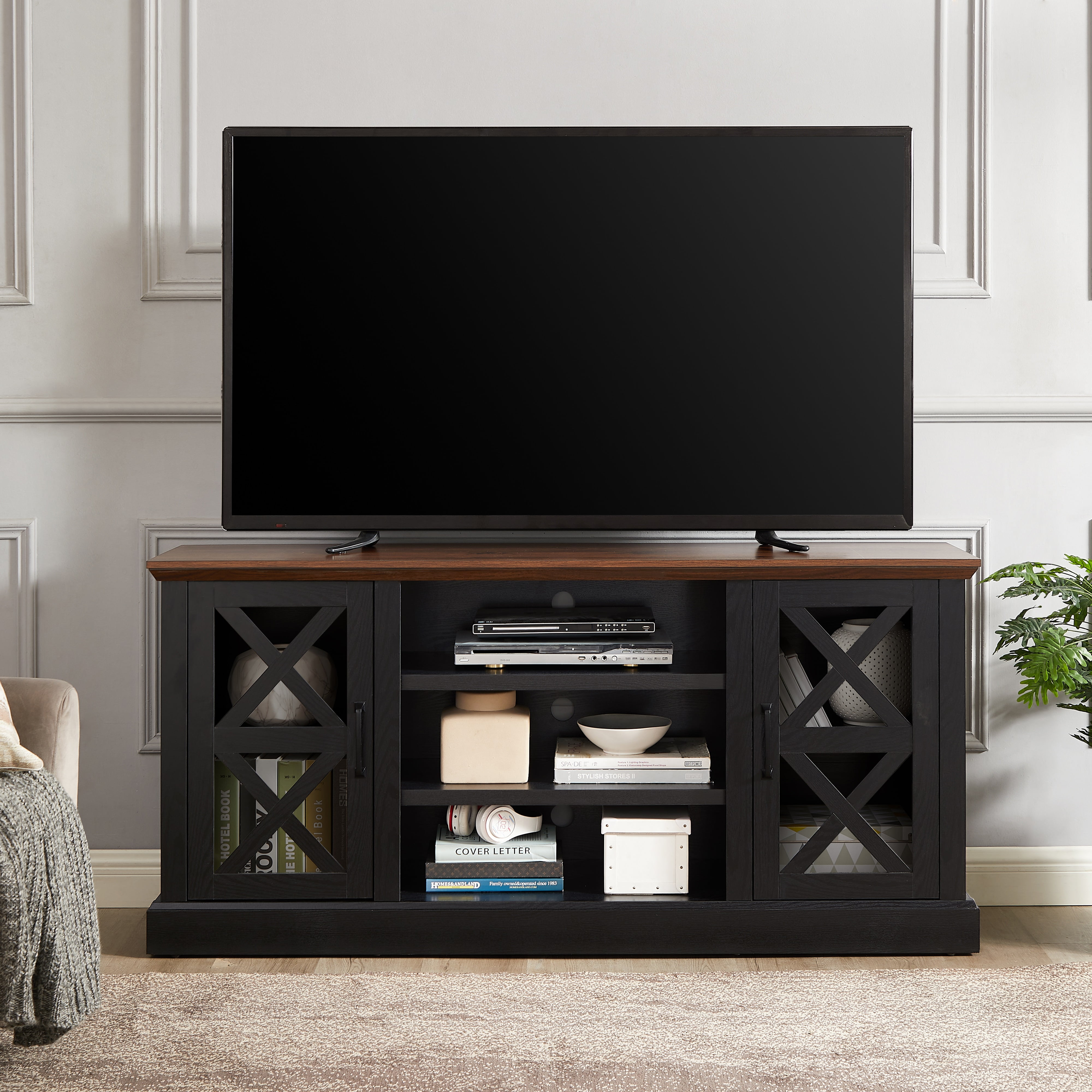 Mainstays Farmhouse TV Stand for TVs up to 70", Black/Walnut