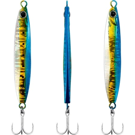 3 Pack Saltwater Fishing Jigs Jigging Spoon Fishing Lures Offshore Glow Vertical Diamond Metal Casting Jig Saltwater Striper Snapper Mackerel Blue/Gold 1.2oz-3 Pack