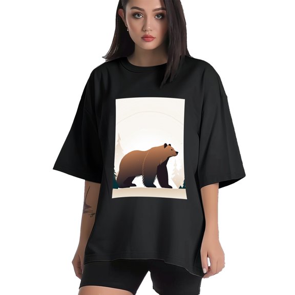 Plus Size Shirt for Women Black Tops for Women Short Sleeves Shirt for Women Minimalistic Line Art Bear In Forest T Shirt Crewneck Shirt for Women XS