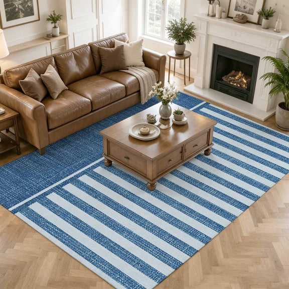 Large Area Rugs for Living Room Bedroom, Indigo Blue Striped 8'x10' Rug Washable Carpet Runner Indoor Outdoor, Boho Stripes Minimalist Linen Texture Non Slip Floor Mats Rug for Kitchen, Patio