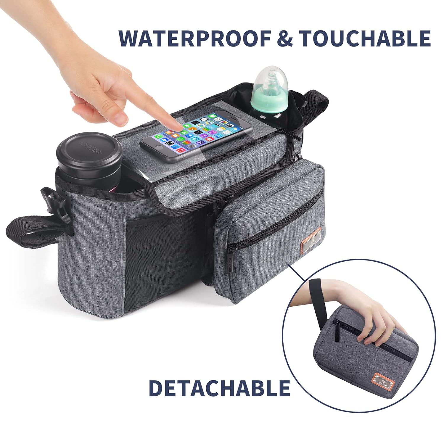 Homlynn Baby Stroller Organizer with Bottle Holders, Universal Stroller Accessories Caddy Storage Bag With Detachable Bag & Shoulder Straps for Carrying Diaper, Phone, Keys, Toys & Snacks(Grey)