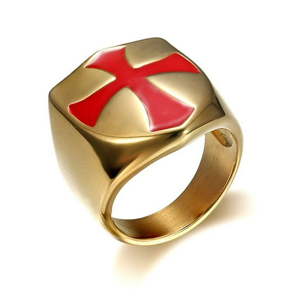 Men's 14K Yellow Gold Rings Knight Red Cross Templar Ring biker Crusader Cross masonic Shield Band