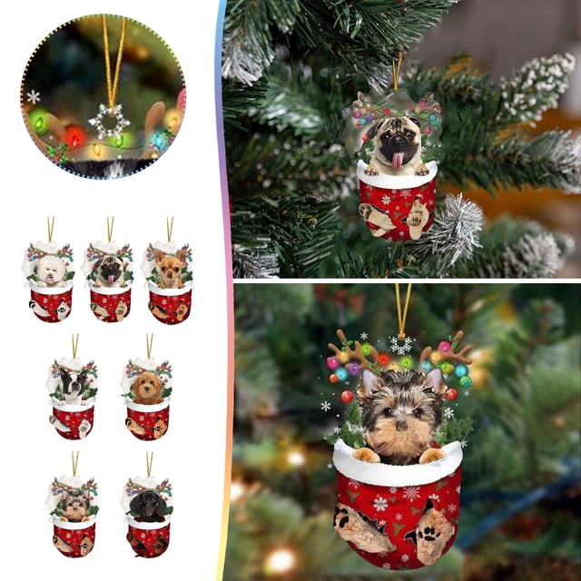 Fiudx Adornos Navideños Divertidos con Forma de Perro, Adorables Diseños de Gorro y Calcetín, Material Plástico Duradero, Adornos Festivos para El Árbol, Versátiles Opciones para Colgar, Decoración N