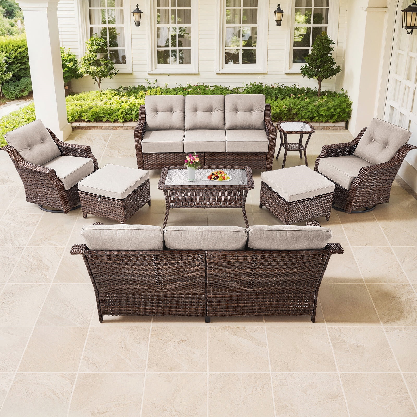 Bellefurn Outdoor Patio Furniture Set with 6 inch Thick Cushion and Swivel Rocker Chairs,Wicker Sofa,Coffee Table and Ottomans,8 PCS Outdoor Conversation Set for Porch,Deck,Yard