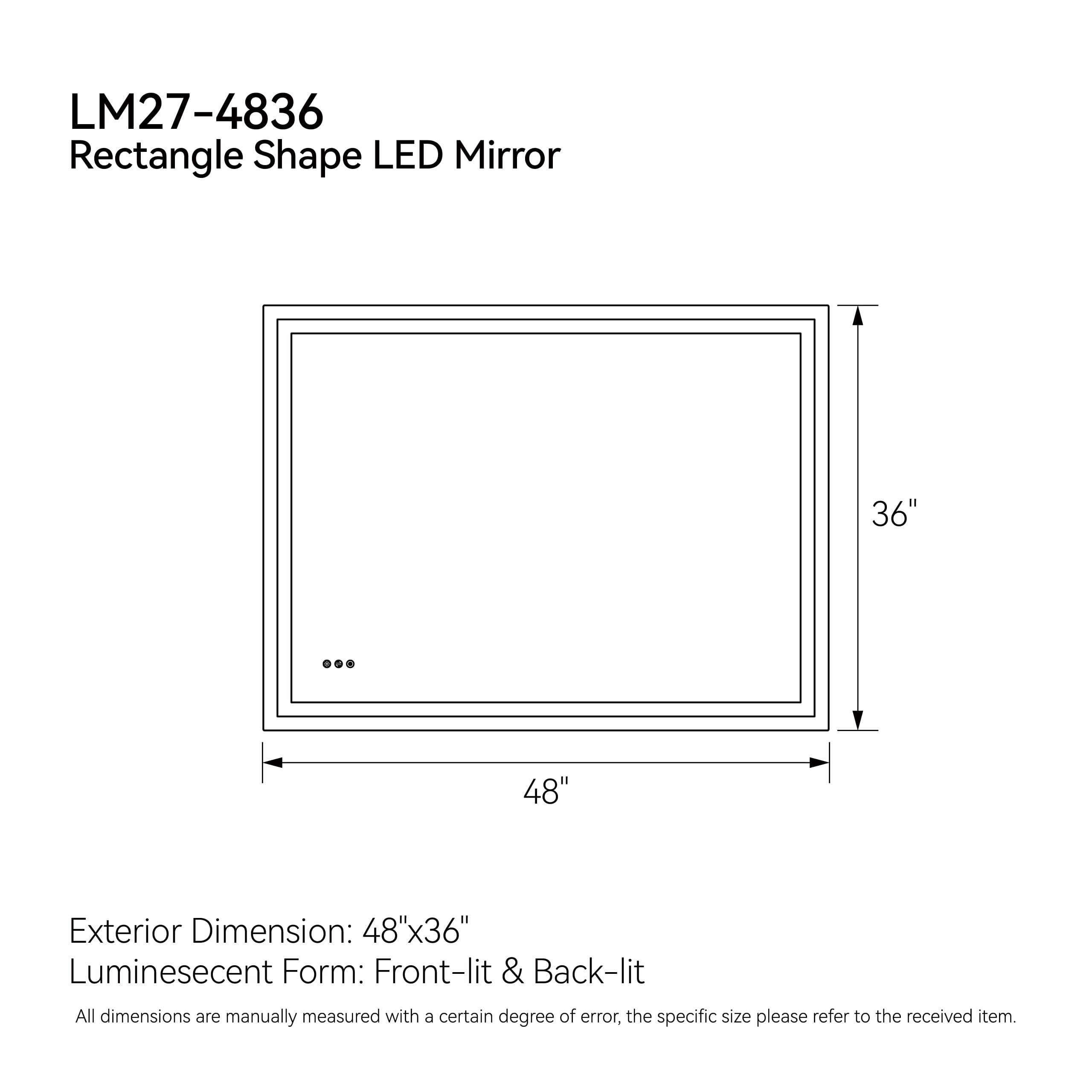 48"x36" LED Bathroom Mirror, Front-Lit and Back-Lit, 3 Color Tem Adjustable, Brightness Memory, Anti-fog LED Vanity Mirror[Unable to ship on weekends]