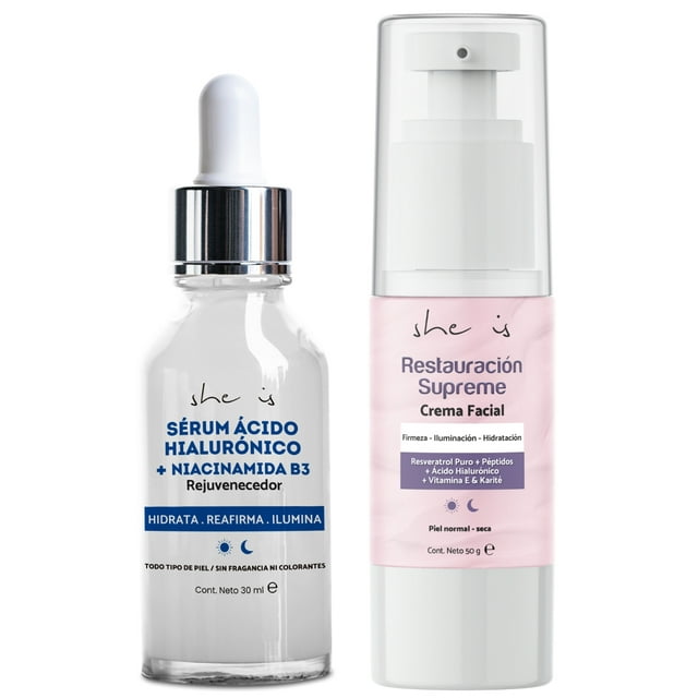 Set facial hidratación y firmeza: Serum Ácido Hialurónico 30ml + Crema Anti-Edad con Péptidos y Resveratrol 50g, para piel Seca o Madura (2 piezas) She is skincare