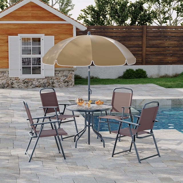 Conjunto de comedor exterior de seis piezas: mesa con superficie de vidrio templado, cuatro sillas abatibles y sombrilla incluida. Ideal para patios
