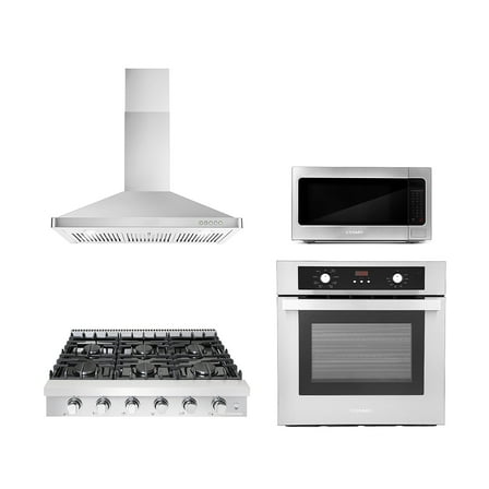 Cosmo 4 Piece Kitchen Package 36" Slide-In Gas Cooktop 36" Wall Mount Range Hood 24" Single Electric Wall Oven & 24.4" Countertop Microwave