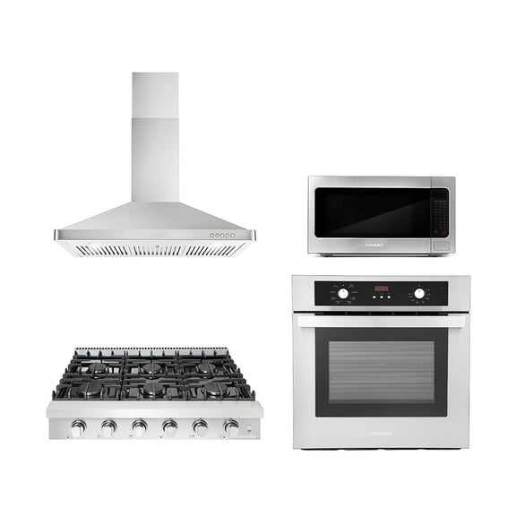 Cosmo 4 Piece Kitchen Package 36" Slide-In Gas Cooktop 36" Wall Mount Range Hood 24" Single Electric Wall Oven & 24.4" Countertop Microwave