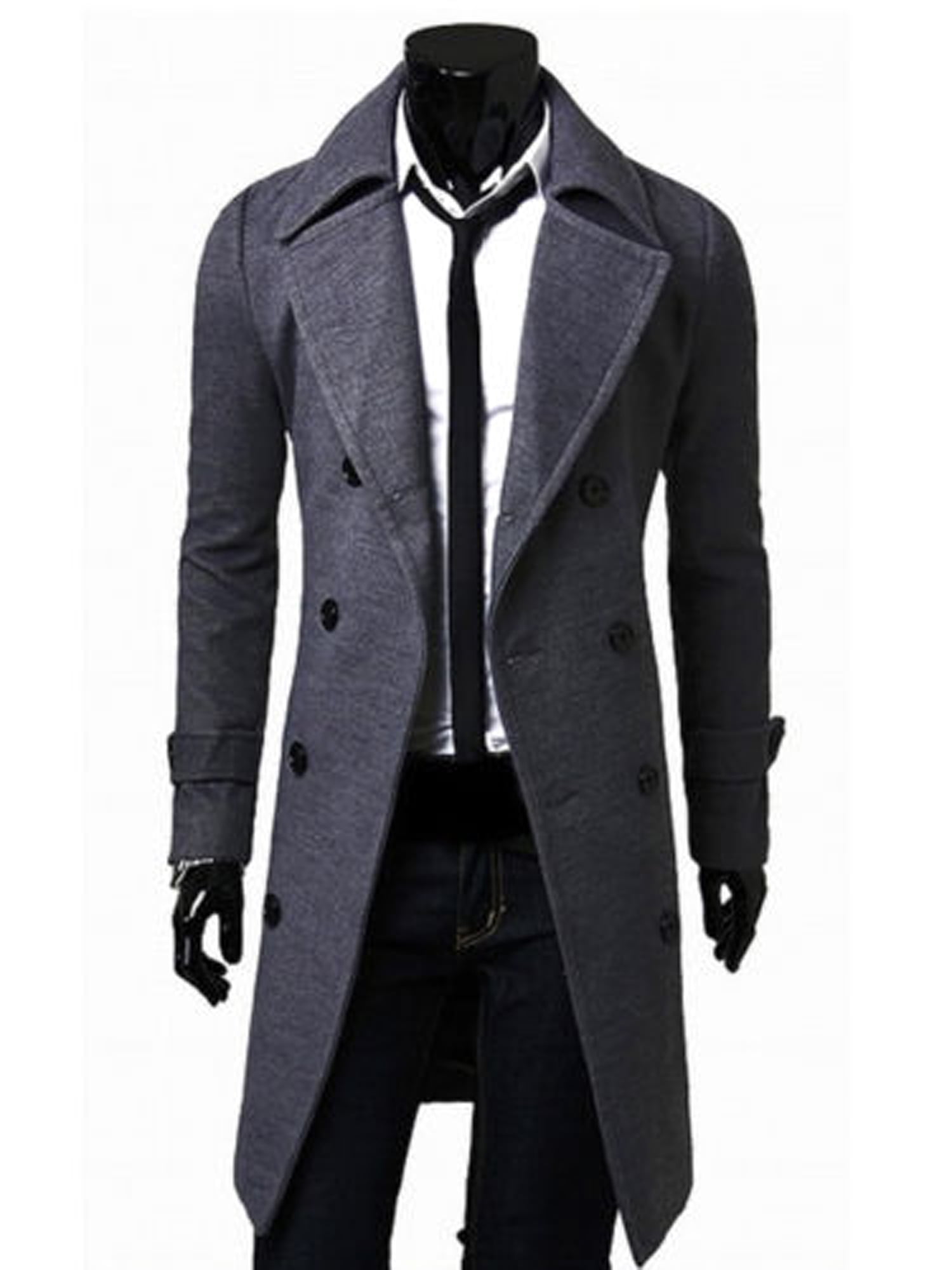 Men Winter Long Jacket Formal Slim Trench Coat Outwear Double Breasted Overcoat 