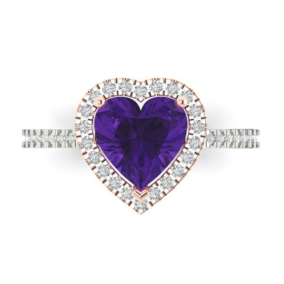 Halo Engagement Ring for Women - 2.285ct Natural Amethyst in 18K White/Rose Gold Promise Ring