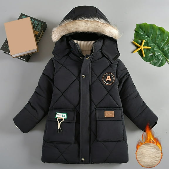 Huowey Big Kids Boys Girls Winter Jacket Hooded Long Sleeve Multi Pocket Cargo Coat Padded Thickened Warm Mid Length Fashion Comfy Soft Outwear,Black,3-4 Years