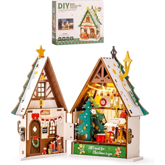 Robotime Twinkling Christmas House DIY Mini House Kit, Miniature Dollhouse Kits for Adults to Build, 3D Wooden Puzzle Building Model Kits for Home Decor, Xmas Birthday Gifts for Kids Teens