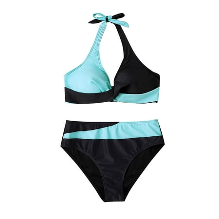 Jamicy Womens Bikini Swimsuits Gift for Wives Women s Color Block Halter Bikini Sets Swimsuit High Waisted Thong Modest Bathing Suit