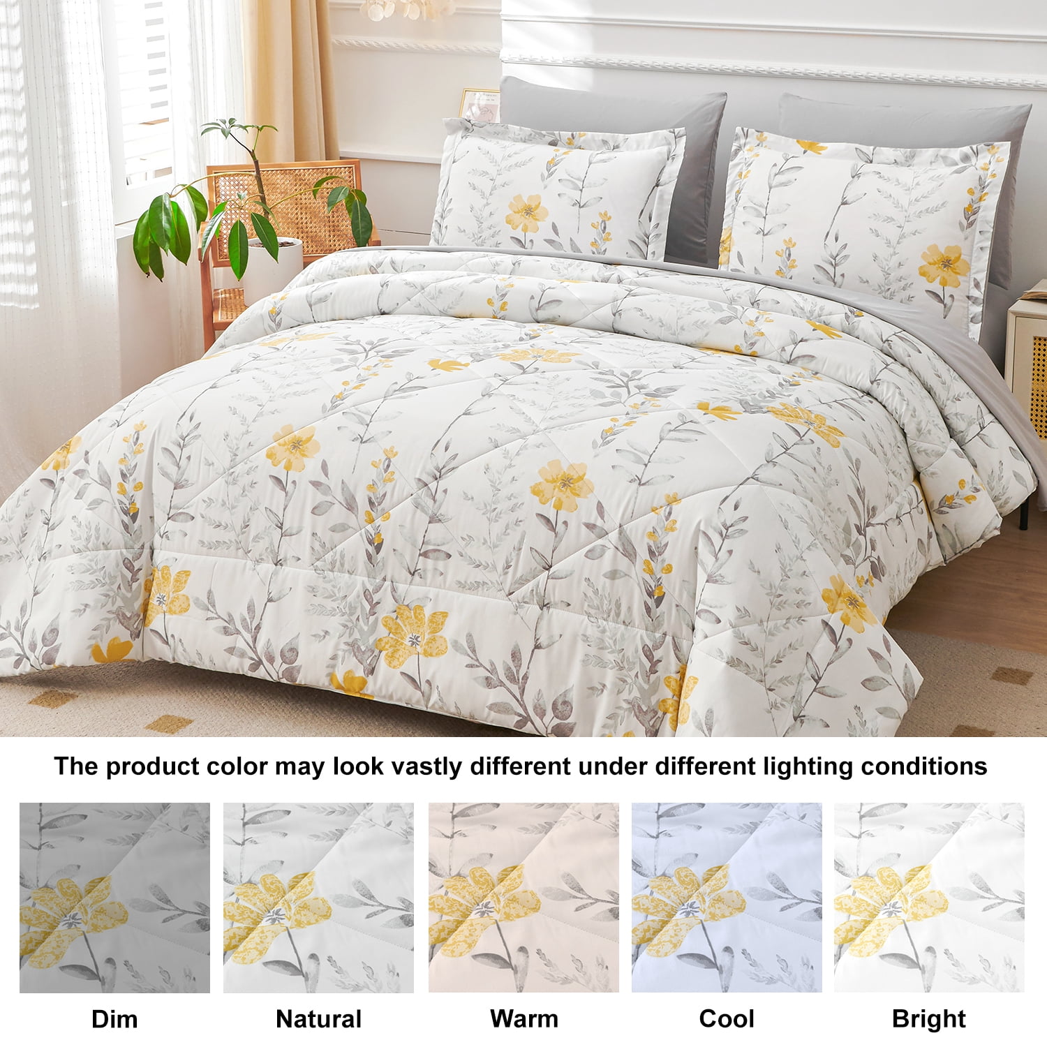 Jessy Home 3 Piece Comforter Set Queen Yellow Floral Quilt Microfiber Patchwork Bedspread
