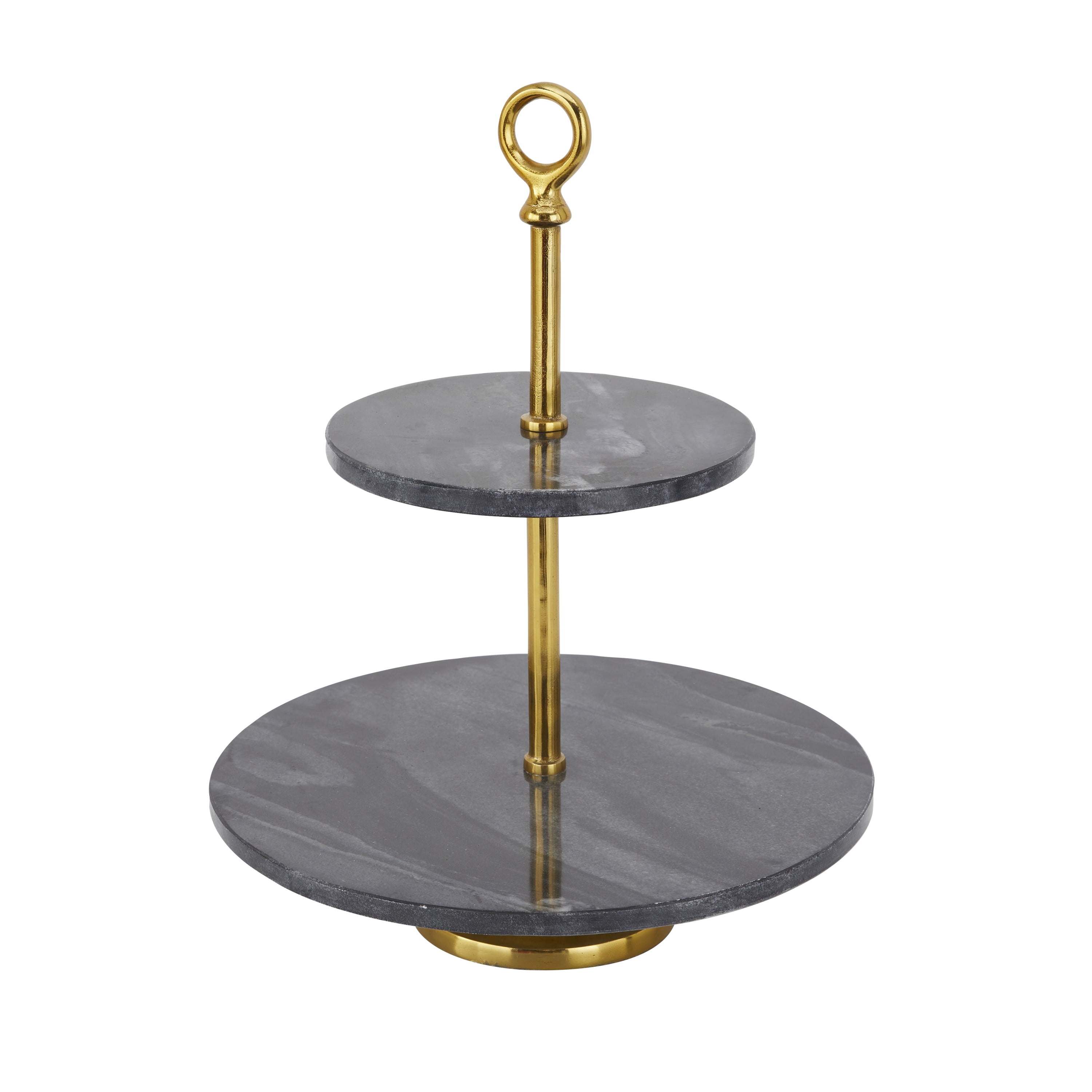 DecMode 14" x 19" Black Marble 2 Tiered Server with Gold Post, 1-Piece