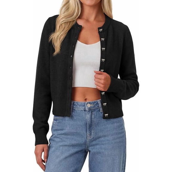 PRETTYGARDEN Womens Cropped Button Up Knit Cardigan Sweater | Cute Crewneck Long Sleeve Lightweight Tops, Fall Trendy Slim Fit Soft Cozy Casual Cardigans, Holiday Party Sweaters