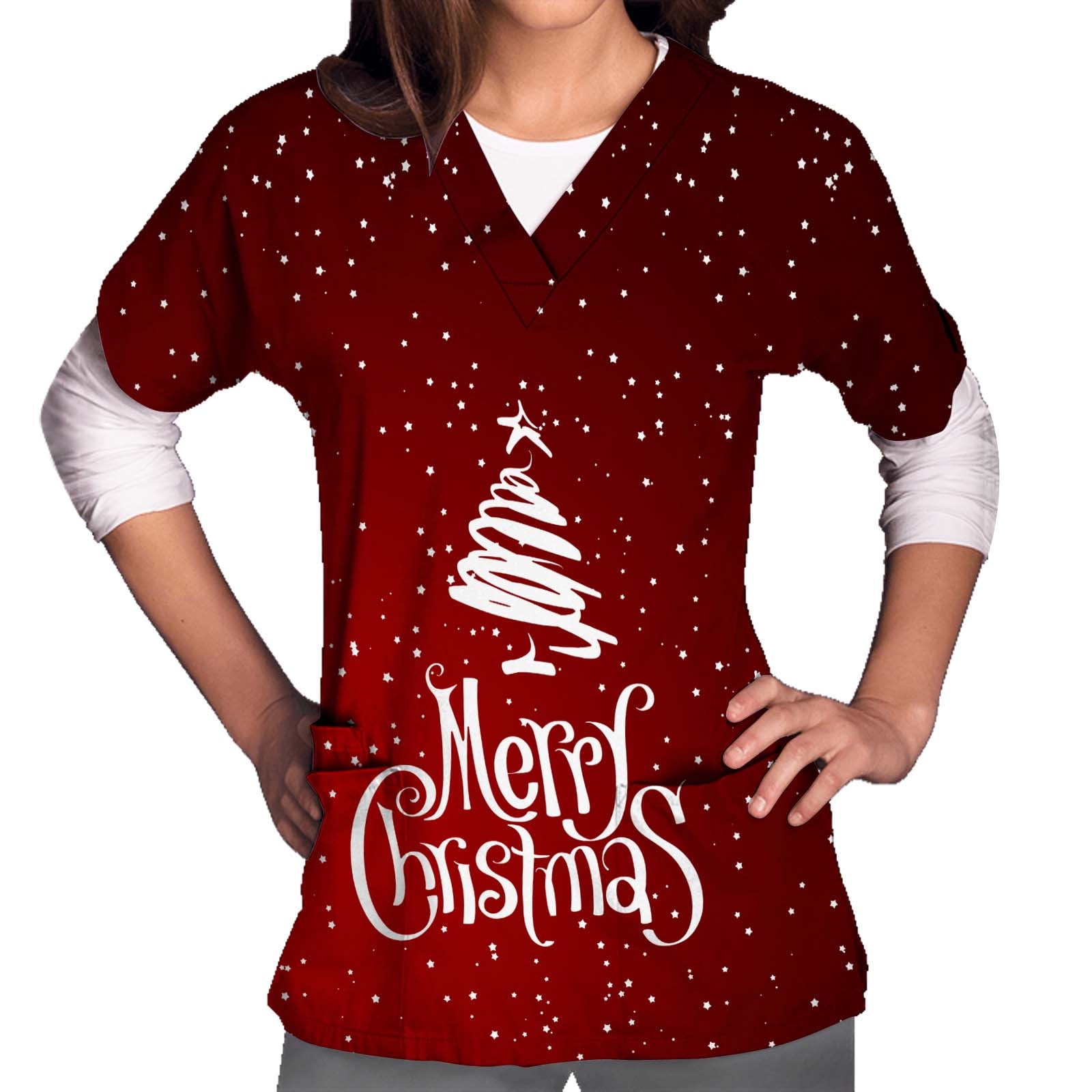 Zpanxa Oversized T Shirts for Womens Short Sleeve V-neck Tops Uniform  Christmas Tree Printed Pockets Blouse Nursing Womens Workout Tops Shirts  Wine M 