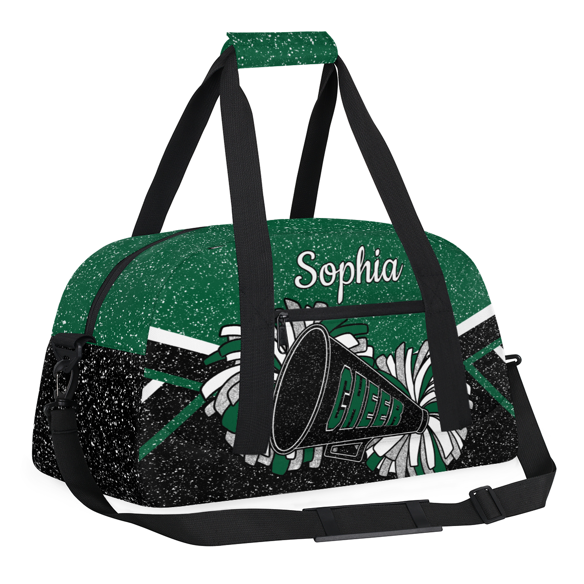 Jiaoprinted Personalized Cheer Bag for Women, Custom Sport Duffel Bag with Name, Customized Gym Bag, Weekender Overnight Bag, Cheerleading Gifts, Black Green Glitter