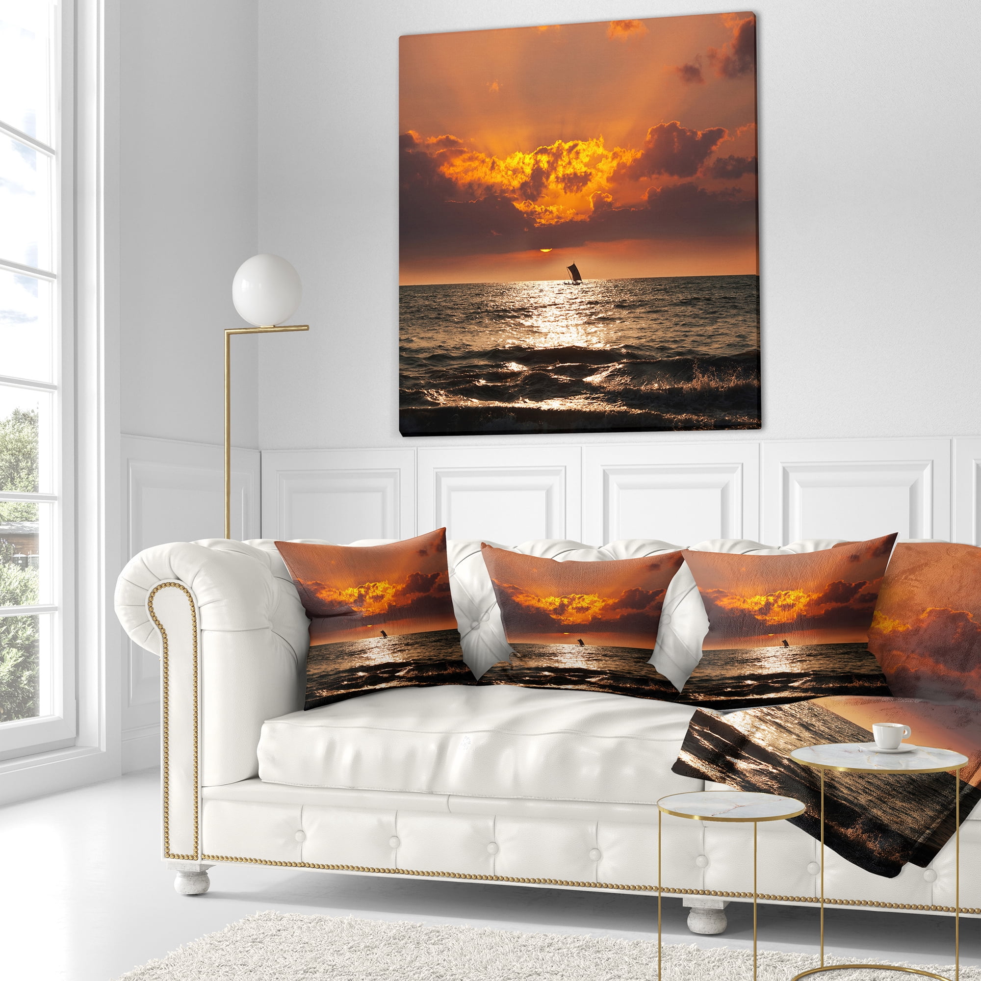 Designart Sunset Beach with Distant Sail Boat - Seashore Throw Pillow - 18x18