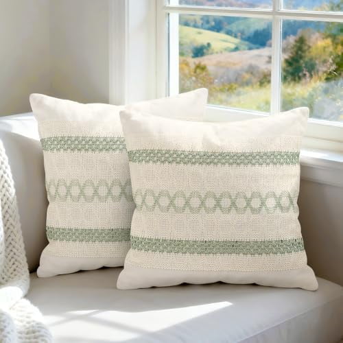 Set of 2 Sage Green Boho Throw Pillow Covers 18x18 Inch Decorative Cushion Covers for Couch Bed Sofa Chair Cotton Macrame Décor Decorations (Type B)
