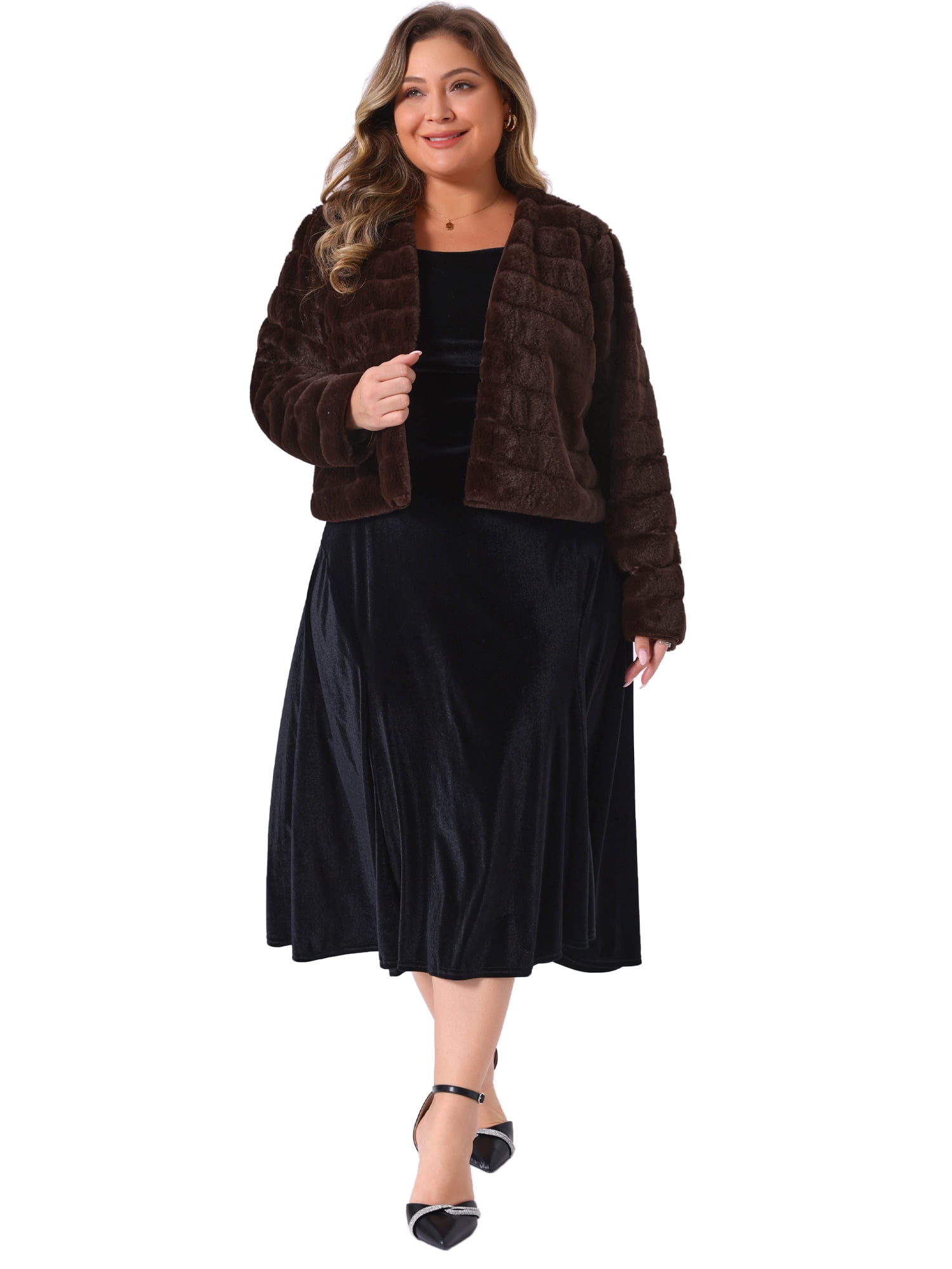 DARING DIVA Women's Plus Size Faux Fur Open Front Winter Jacket 4X Brown
